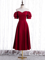 Burgundy Satin Off the Shoulder Puff Sleeve Prom Dresses