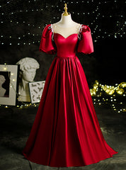 Burgundy Satin Puff Sleeve Beading Prom Dresses