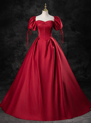 Burgundy Satin Puff Sleeve Strapless Quinceanera Dresses