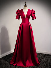 Burgundy Satin Puff Sleeve V-neck Backless Prom Dresses