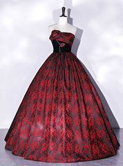 Burgundy Satin Rose Print Strapless Quinceanera Dresses