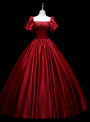 Burgundy Satin Sequins Puff Sleeve Quinceanera Dresses