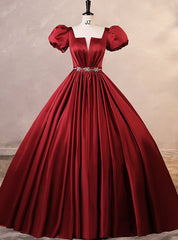 Burgundy Satin Short Sleeve Puff Sleeve Quinceanera Dresses