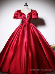 Burgundy Satin Short Sleeve Quinceanera Dress