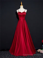 Burgundy Satin Spaghetti Straps Beading Prom Dress