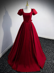 Burgundy Satin Square Beading Short Sleeve prom Dresses