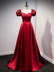 Burgundy Satin Square Puff Sleeve Beding Prom Dresses