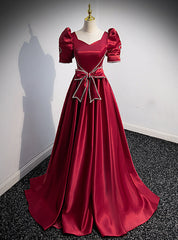 Burgundy Satin Square Short Sleeve Bow Prom Dresses