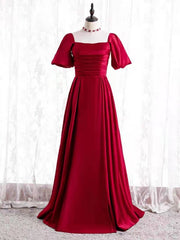 Burgundy Satin Square Short Sleeve Prom Dresses