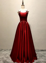 Burgundy Satin Straps Pearls Prom Dresses