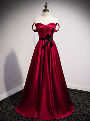 Burgundy Satin Sweetheart Prom Dresses With Belt