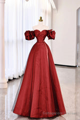 Burgundy Satin Tulle Long Prom Dress, Off the Shoulder Evening Party Dress