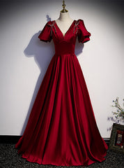 Burgundy Satin V-neck Beading Puff Sleeve prom Dresses