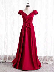 Burgundy Satin V-neck Cap Sleeve Bow Prom Dresses