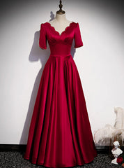 Burgundy Satin V-neck Pearls Prom Dresses