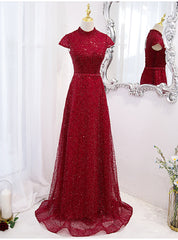 Burgundy Sequins High Cap Sleeve Prom Dresses