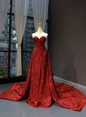 Burgundy Sequins Sweetheart Pleats Prom Dresses With Long Train