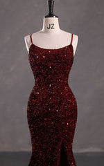 Slim Burgundy Shimmery Open Back Formal Prom Evening Dresses