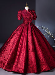 Burgundy Short Sleeve High Neck Backless Quinceanera Dress