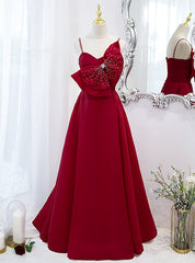 Burgundy Spaghetti Straps Pearls Bow Prom Dresses