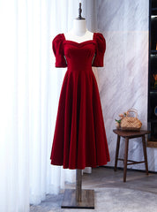 Burgundy Square Short Sleeve Tea Length Prom Dresses