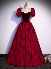 Burgundy Square Square Puff Sleeve Prom Dresses