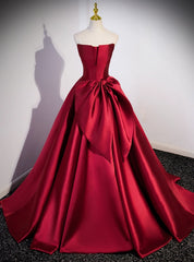 Burgundy Strapless Satin Bow Prom Dresses