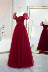 Burgundy Tulle Beaded Long Prom Dress, A-Line Short Sleeve Evening Dress