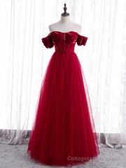 Burgundy Tulle Beading Off the Shoulder Prom Dress