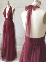 Burgundy Tulle Halter Deep V-neck Backless Prom Dresses