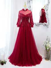 Burgundy Tulle High Neck Long Sleeve Appliques Prom Dresses