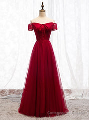 Burgundy Tulle Lace Off the Shoulder Prom Dress With Button