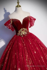 Burgundy Tulle Long A-Line Ball Gown, Off the Shoulder Evening Party Dress