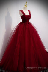 Burgundy Tulle Long A-Line Evening Dress, Off the Shoulder Formal Party Dress