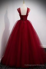 Burgundy Tulle Long A-Line Evening Dress, Off the Shoulder Formal Party Dress