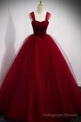 Burgundy Tulle Long A-Line Evening Dress, Off the Shoulder Formal Party Dress