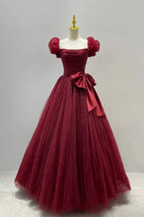 Burgundy Tulle Long A-Line Prom Dress, Lovely Evening Graduation Dress