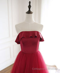 Burgundy Tulle Long Prom Dress, A line Burgundy Formal Party Dress