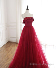 Burgundy Tulle Long Prom Dress, A line Burgundy Formal Party Dress