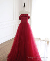 Burgundy Tulle Long Prom Dress, A line Burgundy Formal Party Dress