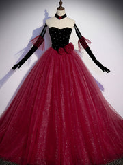 Burgundy  Tulle Long Prom Dress A line Burgundy Graduation Dresses