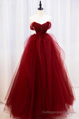 Burgundy Tulle Long Prom Dress with Beaded, Burgundy Off Shoulder Evening Dress