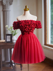 Burgundy Tulle Off the Shoulder 3D Flower Homecoming Dresses