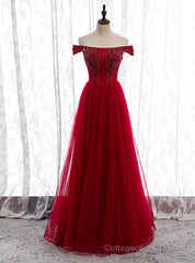 Burgundy Tulle Off the Shoulder Beading Prom Dress