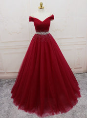 Burgundy Tulle Off the Shoulder Pleats Beading Prom Dresses