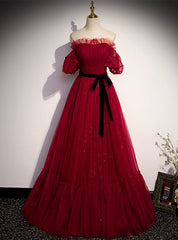 Burgundy Tulle Off the Shoulder Pleats Puff Sleeve Prom Dresses