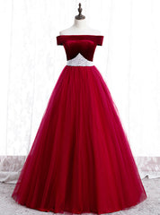 Burgundy Tulle Off the Shoulder Prom Dresses With Pearls 2020