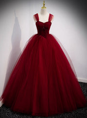 Burgundy Tulle Pleats Besing Sequins Prom Dresses