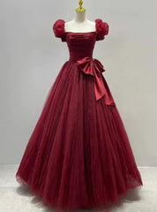 Burgundy Tulle Pleats Prom Dresses