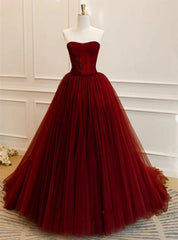 Burgundy Tulle Prom Dresses Strapless Beading Fromal Dresses